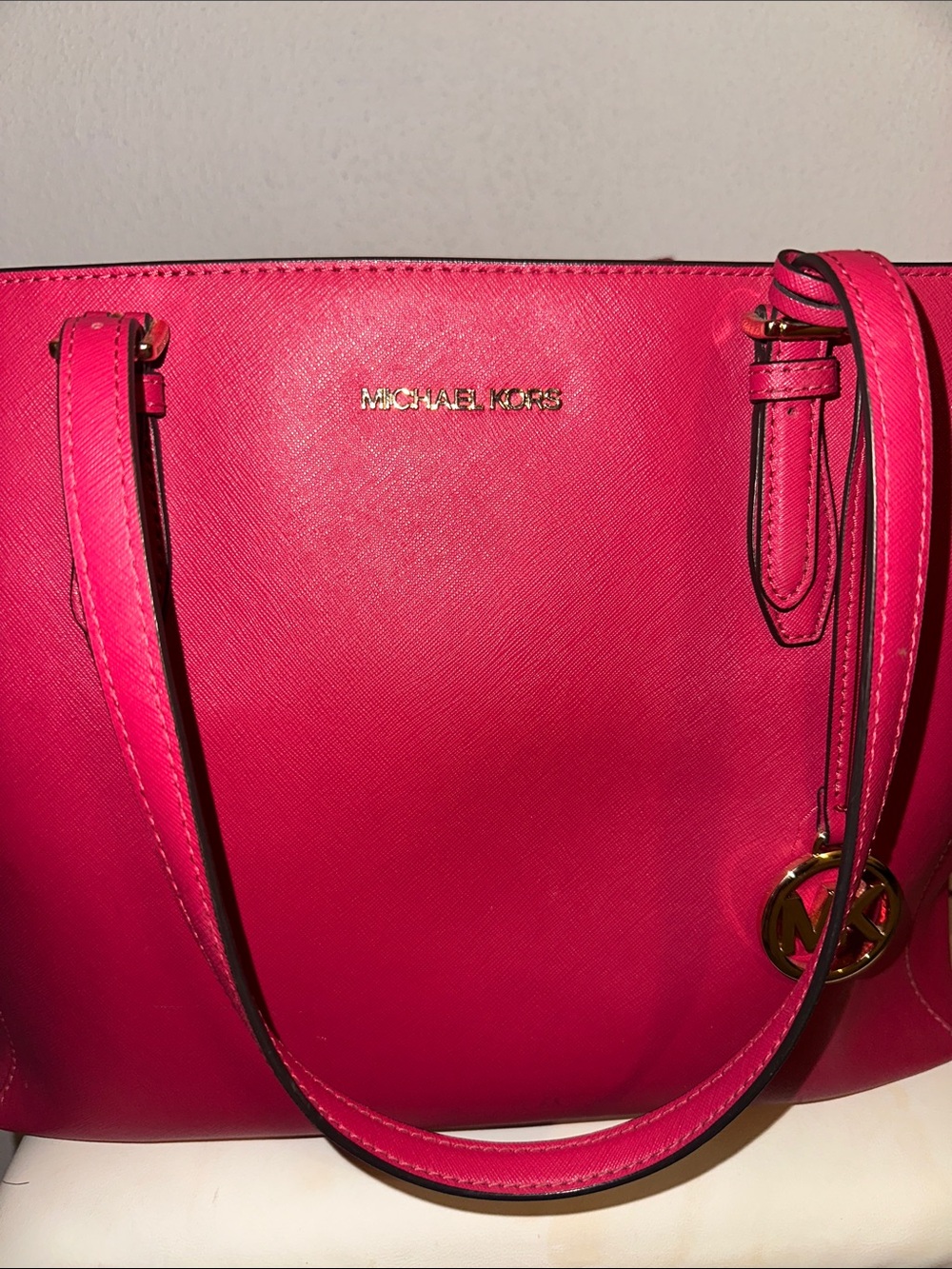 Michael Kors Fuchsia Saffiano Leather Tote with MK Disc Charm